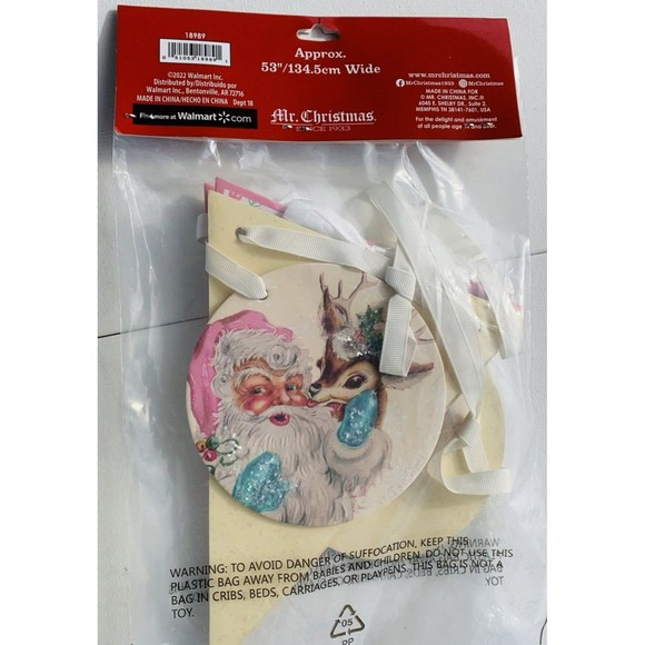 Mr. Christmas Banner MERRY Pink Turquoise Santa Reindeer 1950s Retro Ribbon 53" - Picture 5 of 11